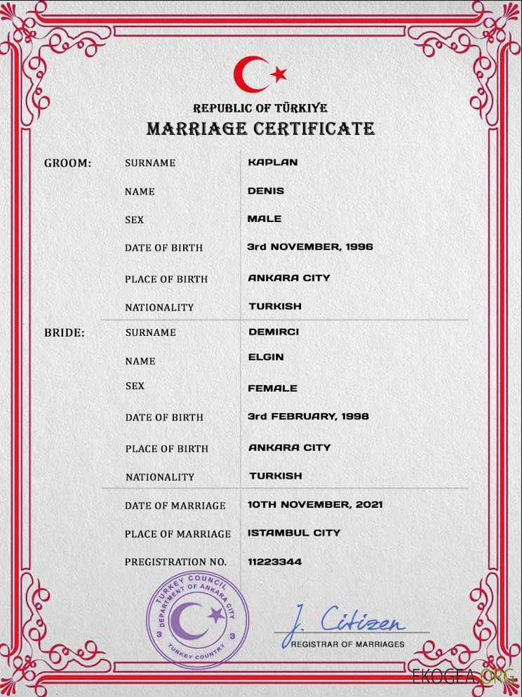 Modèle PSD de certificat de mariage en Turquie